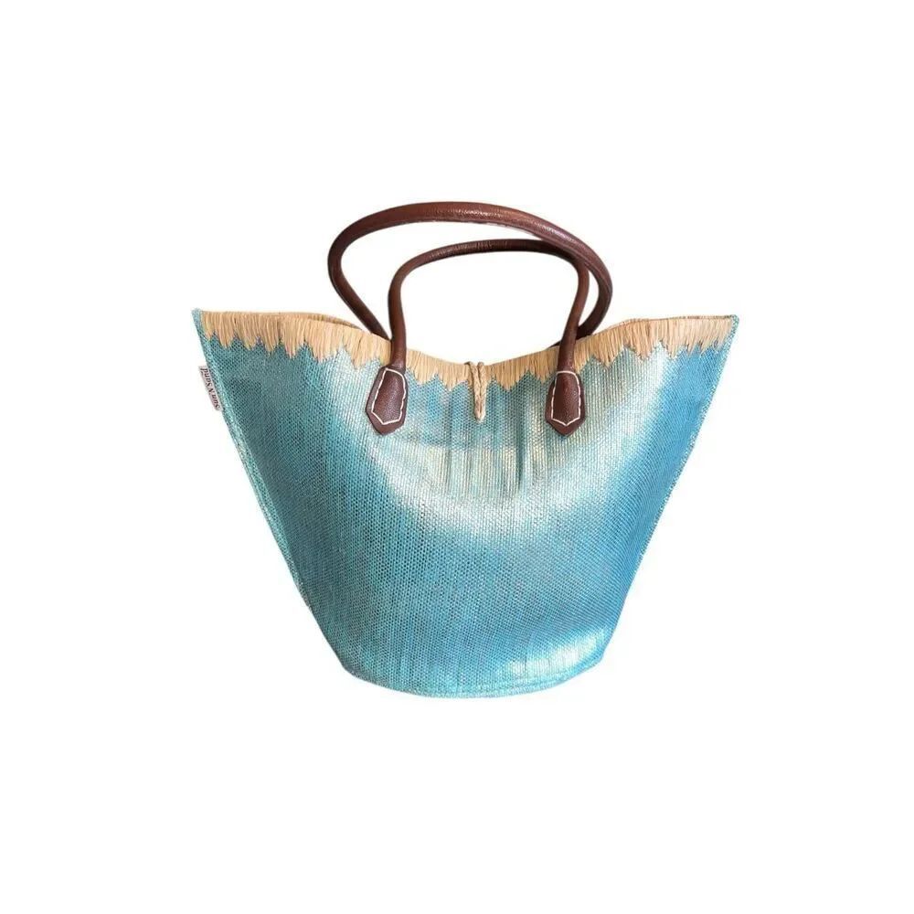 Sun n sand metallic shimmer blue woven straw tote beach bag vacation summer - Picture 2 of 8